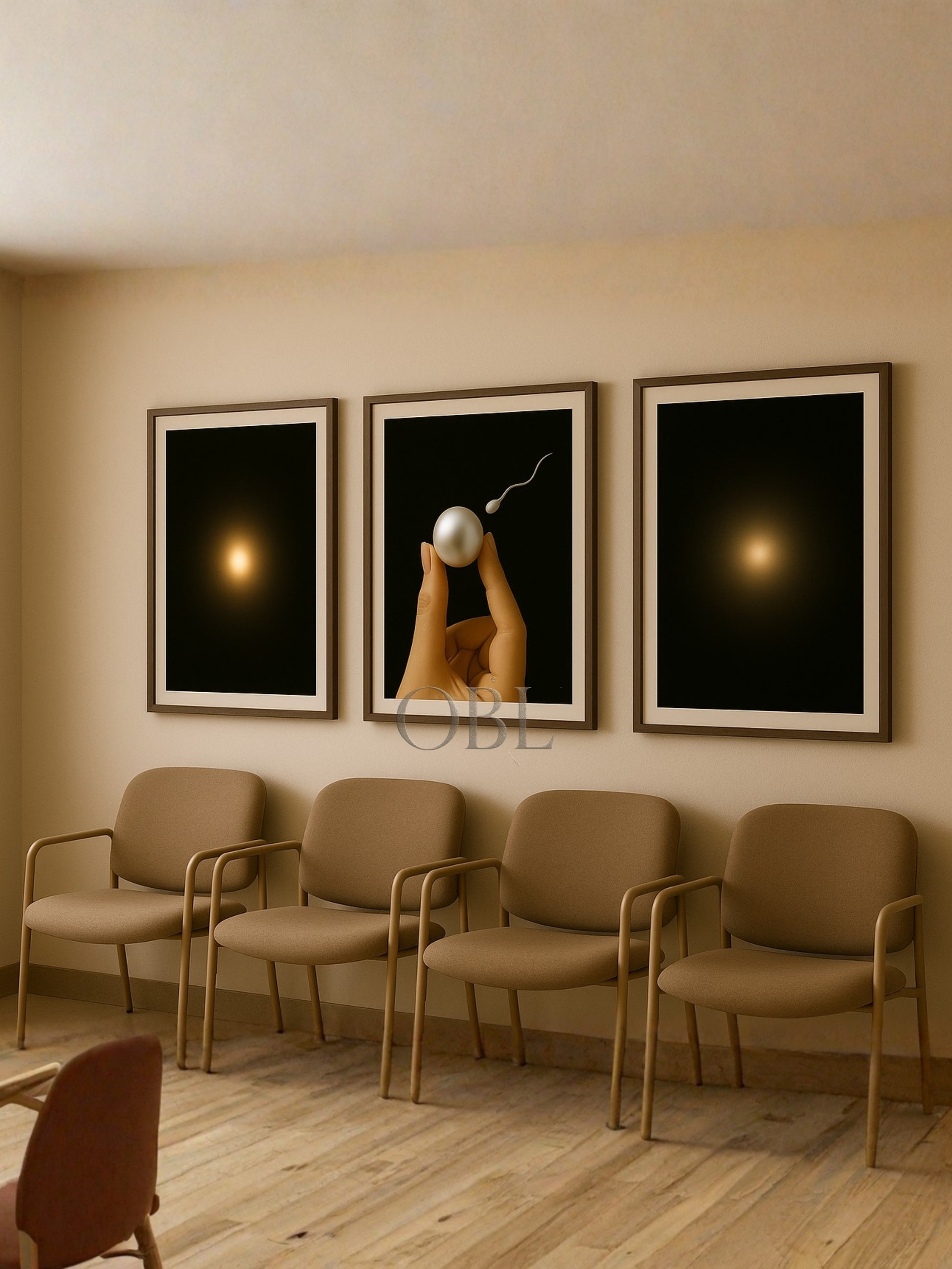 Mano sosteniendo una perla sobre fondo negro con un trazo blanco ascendente, representando el origen biológico como símbolo de lujo y creación. Obra digital curada por OBLIVIA™.