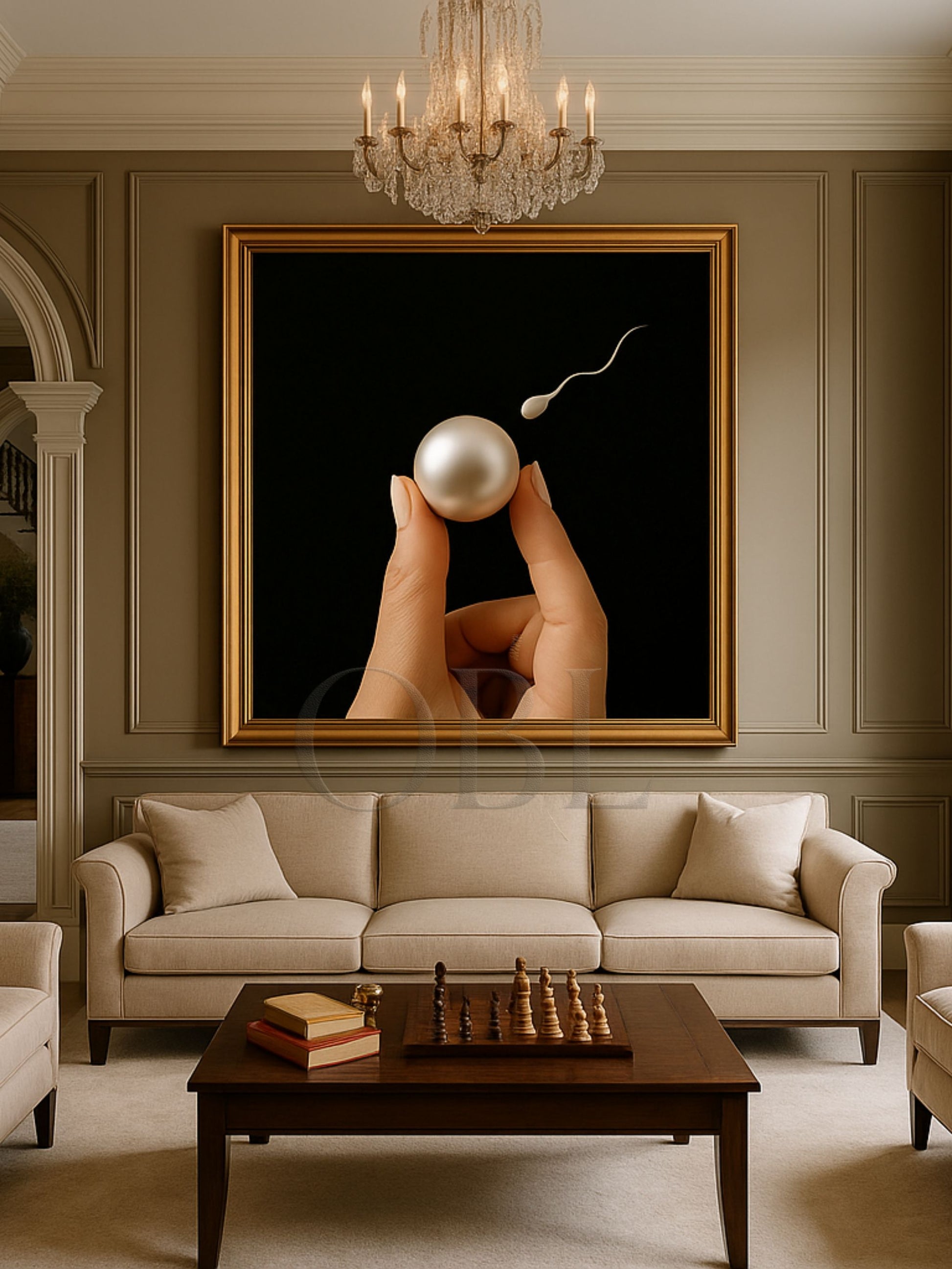 Mano sosteniendo una perla sobre fondo negro con un trazo blanco ascendente, representando el origen biológico como símbolo de lujo y creación. Obra digital curada por OBLIVIA™.